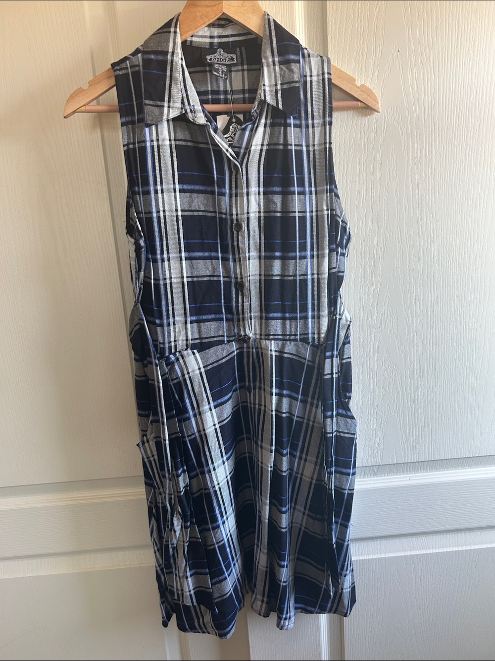 Angie Navy, White and Gray Plaid Sleeveless Midi Dress